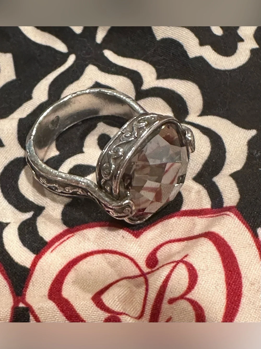 Brighton Silver-Tone Filigree Ring with Smoky Tan Faceted Stone- size 9 w/ bag